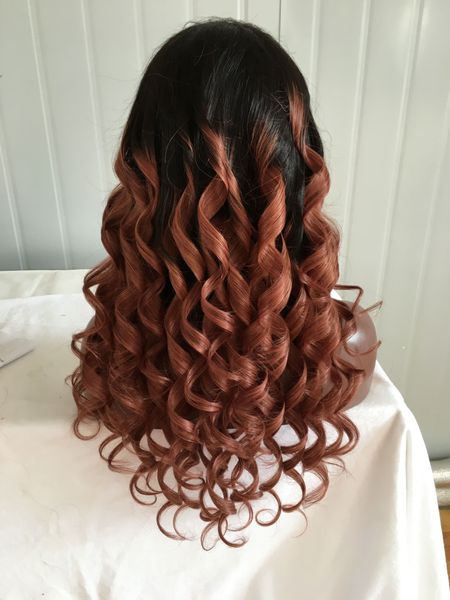 

1b/30 ombre human hair lace front wigs with baby hair loose wave remy hair 130 density pre plucked wigs for women, Black;brown