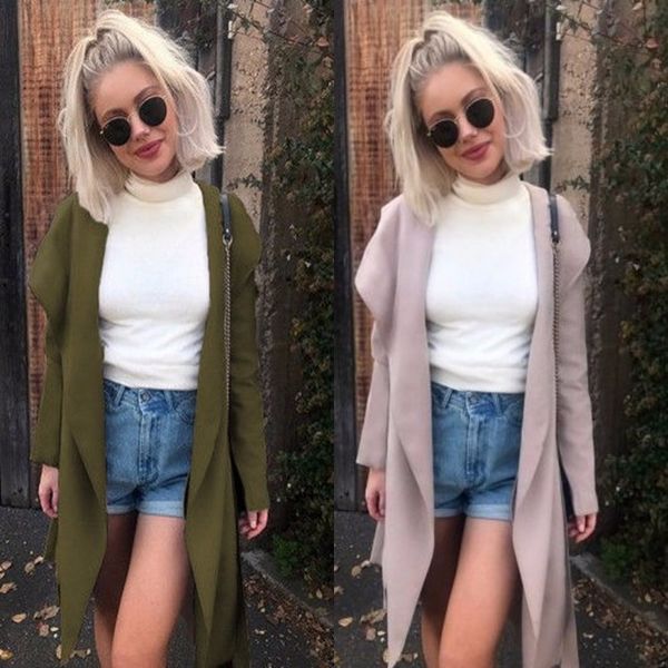 

autumn and winter solid color long hooded windbreaker jacket female, Tan;black