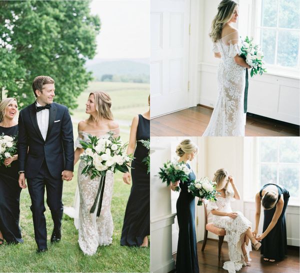 

2019 mermaid wedding dresses off the shoulder sweep train lace appliques short sleeve beach bridal gowns garden boho country wedding dress, White