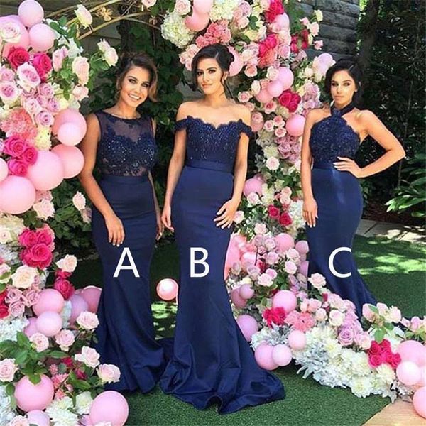 Abiti blu navy con applicazioni in pizzo Mix abiti da damigella d'onore a sirena Abiti da festa di nozze con scollo all'americana ABC