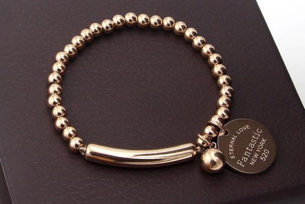 

korean beads elastic rope round brand steel bracelet wild tide female accessories bracelet titanium steel plated rose gold, Black