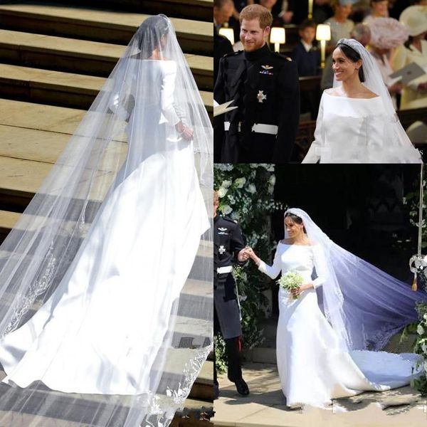 

2018 принц harrymeghan markle свадебные платья новое прибытие бато шеи длинными рукавами атласная свадебное платье свадебные платья длинные, White
