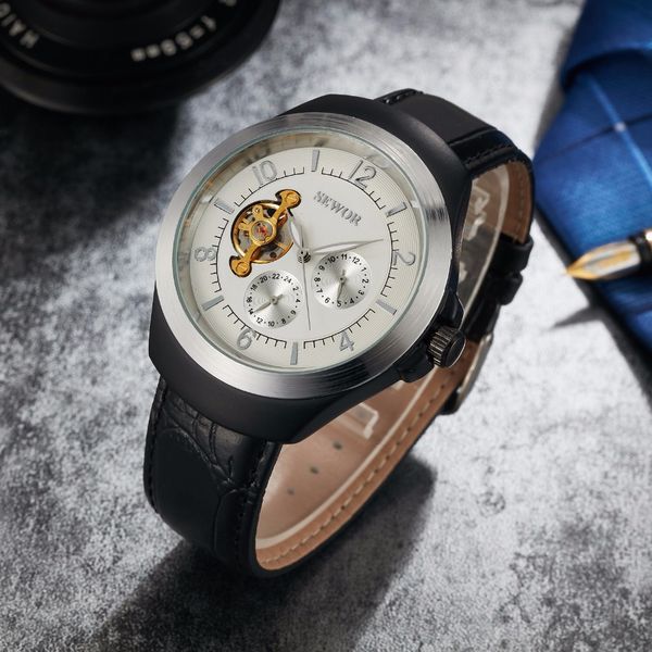 

leather skeleton mens watch watch automatic luxury band mechanical black automatic sewor self-wind swq52-701 wristwatches tourbillon stdxx, Slivery;brown