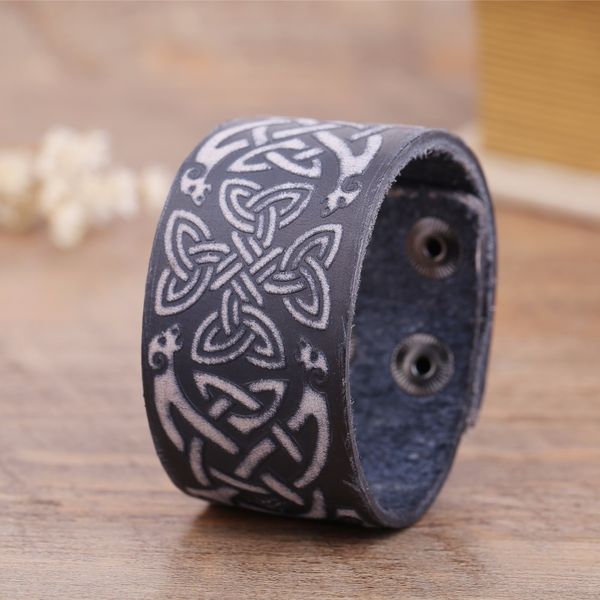 

irish knot nordic talisman carving seal leather wristband cuff wide double row safety clasp men's bracelets, White
