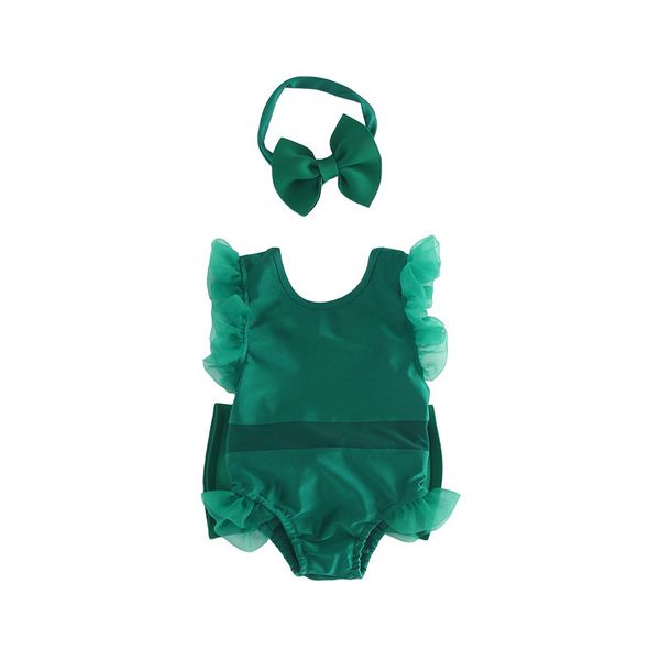 

baby girl lovely pure blackish green bathe flying lace sleeve conjoined baby swimsuit with bow head hoop, Black