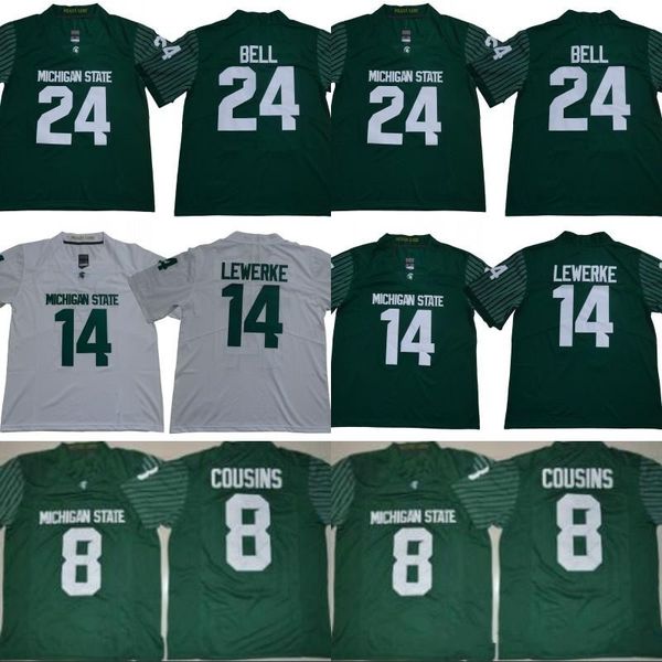 

NCAA Michigan State Spartans #14 Brian Lewerke 8 Kirk Cousins 24 LeVeon Bell 26 Green White Stitched B1G MSU College Football Rush Jerseys
