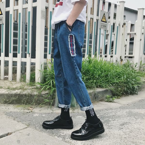 

2018 men's new pattern letter patch haren casual pants homme stretch slim fit classic skinny jeans biker denim trousers -2xl, Blue