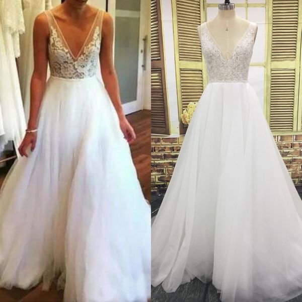 

реальные фотографии сексуальная sheer лиф кружева аппликации v шеи без рукавов трапеция тюль свадебное платье в стиле кантри свадебные плать, White