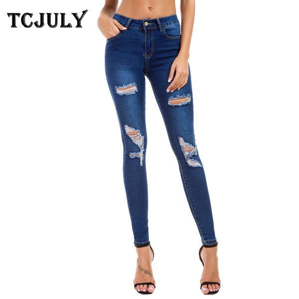 

tcjuly factory direct sale bleached ripped push up jeans skinny slim stretchy denim pants streetwear casual blue jeans for women