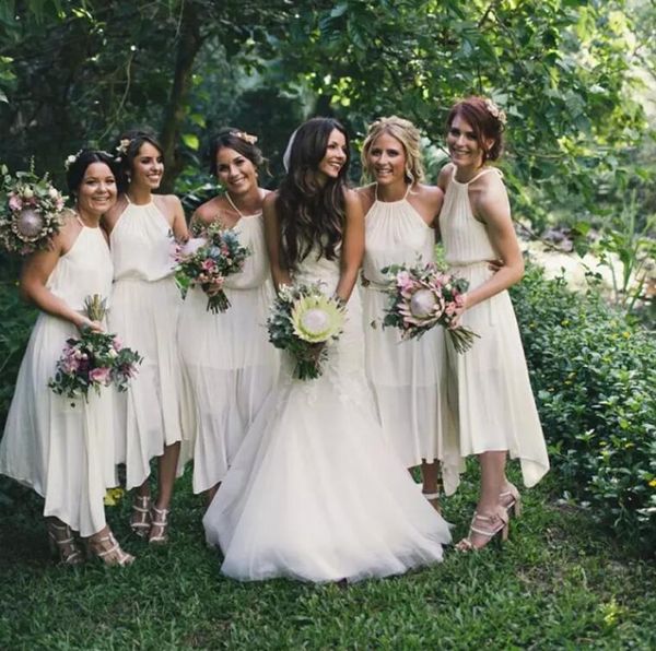 

summer beach ivory bridesmaid dresses 2020 halter a line chiffon tea length maid of honor gowns wedding guest party wear, White;pink