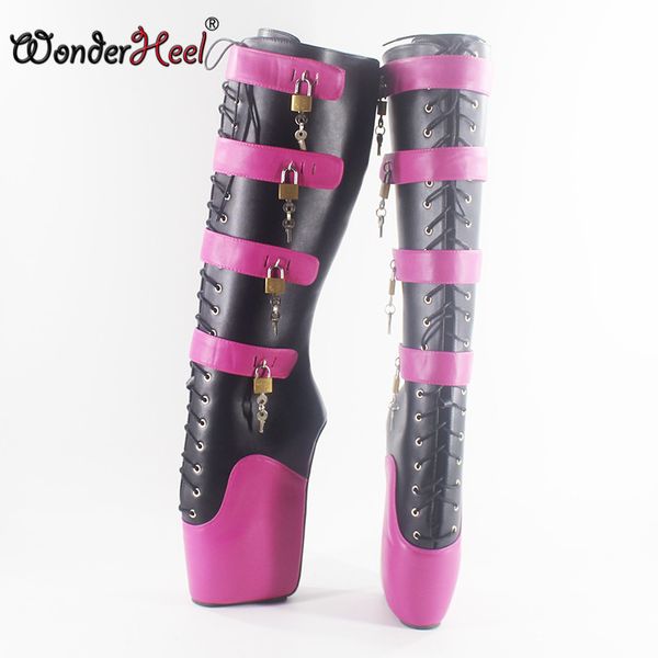 Wonderheel ultra yüksek topuk 18cm topuk Diz yüksek Boots seksi mat deri kilitli asma kilitler bale çizme