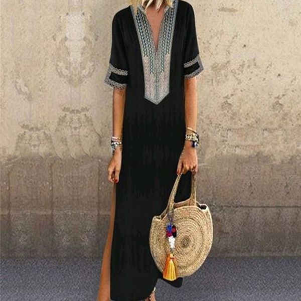 2018 Summer Women Maxi Dress Sexy scollo a V Mezza manica Side Split Abiti lunghi Stampa Casual Loose Beach Vestidos De Festa