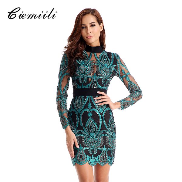 CIEMIILI New Bandage Dress Sexy Mesh Women Lace Party O Neck Full Sleeves Summer Dresses 2018 Fashion Clothes Bodycon Vestidos