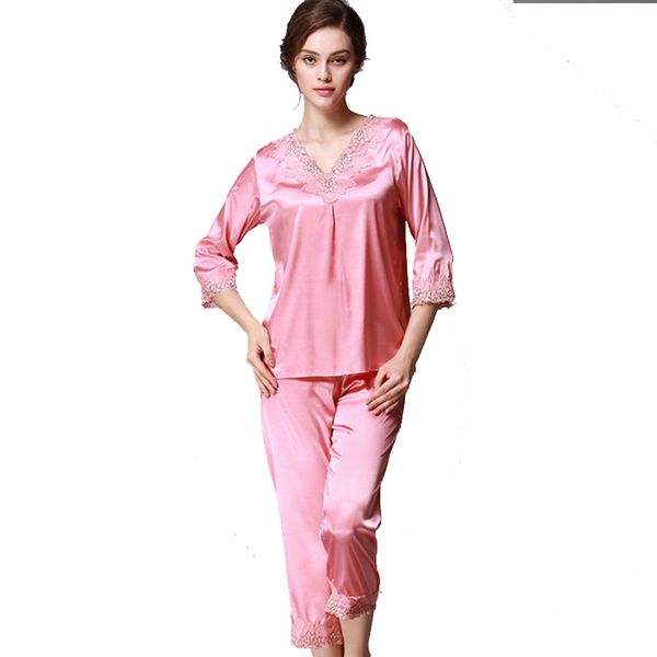 

womens sleep pajama sets spring autumn casual silk tracksuit solid long sleeve v neck full length two piece suit pajama sets, Black;red