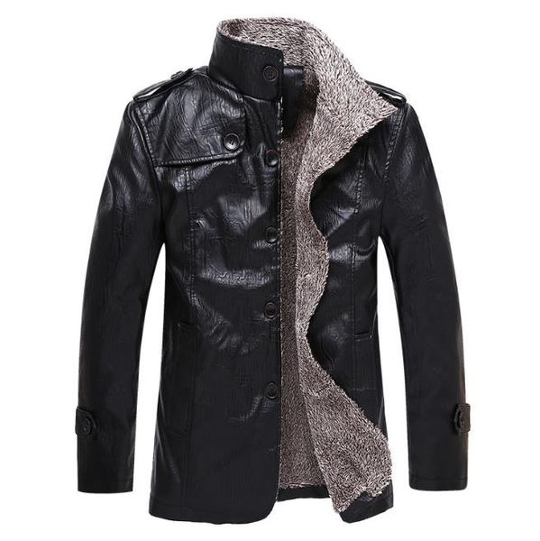 

2018 autumn winter men leather solid color big plus 8xl size jacket stand collar thick warm fur inside warm long sleeve, Black;brown