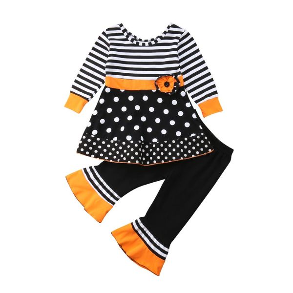 

2pcs toddler kids baby girl striped dot patchwork +bell bottom flare pant outfits children clothing set, White