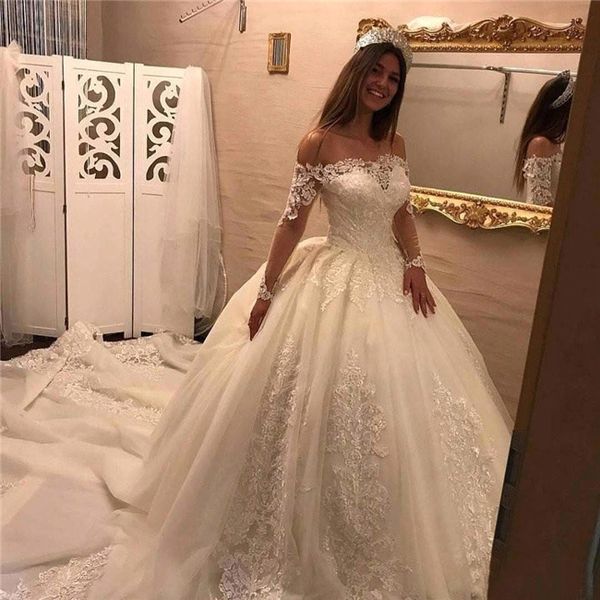 

ball gown wedding dresses with long illusion sleeves off shoulder lace applique chapel train wedding dress bridal gowns custom, White