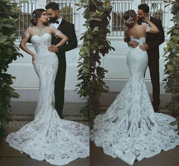 

romantic lace mermaid wedding dresses sweetheart appliques bride wedding gowns backless sweep train arabic vestidos de novia, White