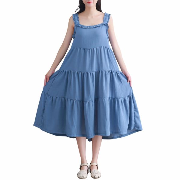 

2018 mori girl summer women sleeveless pleated dress spaghetti strap blue cotton vestidos mujer elegant ruffle princess sundress, Black;gray