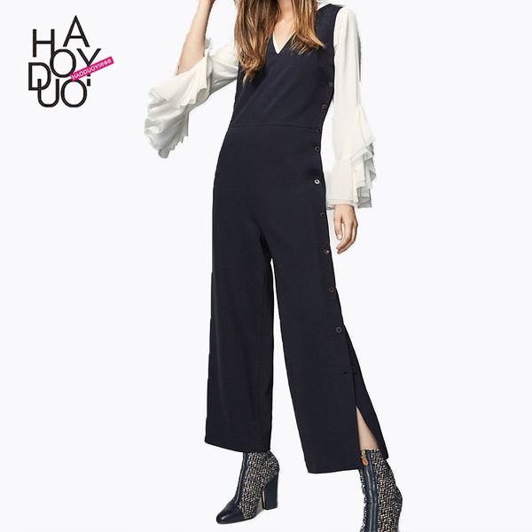 

haoduoyi spring western style fashion slim solid color single-breasted sleeveless v-neck sml xl xxl woman's casual jumpsuits, Black;white