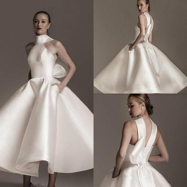 Beyaz Gelinlik Modelleri Cep Ile Yüksek Boyun Saten Organze Saten Çay Boyu Fırfır Mezuniyet Elbise Parti Giyim Kız Kokteyl Abiye