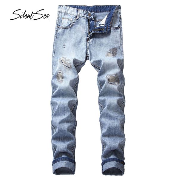 

silentsea fashion men jeans straight pants all season casual loose pants brand male repaired student new jeans, Blue