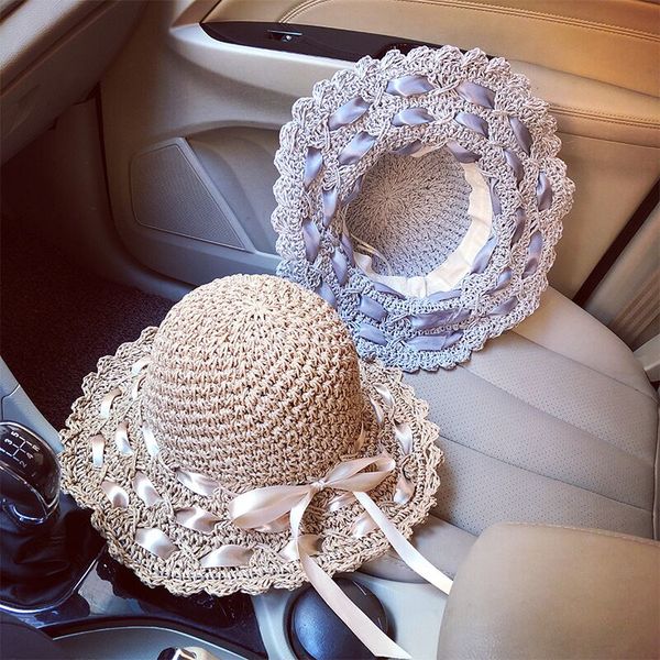 

2018 new summer sun hats for women lace cotton soft big fashion design women beach sun hat foldable brimmed bow straw hat, Blue;gray