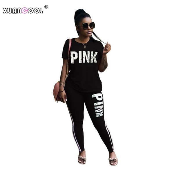 

Xuancool women track uit pink letter hort leeve top and ide tripe long pant uit ladie ca ual two piece et plu ize y1891901