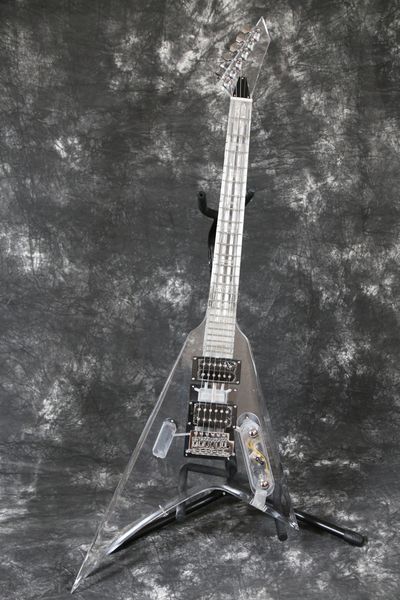 

Shippingacrylic body cry tal neck led light jack flying v electric guitar guitarra