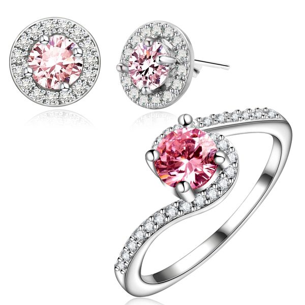 

yunkingdom pink cubic zirconia jewelry sets for women elegant wedding stud earrings and rings sets fashion jewelry lpg16, Silver
