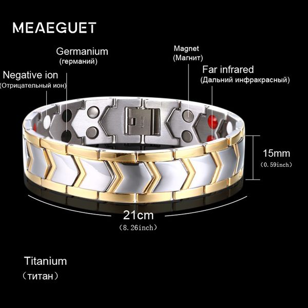 

meaeguet 15mm wide titanium magnetic health care bracelet for men jewelry diy adjustable length 8"-9, Golden;silver
