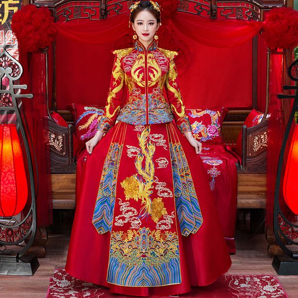 

oriental asian bride beauty chinese traditional wedding dress women red floral long sleeve embroidery cheongsam robe qipao style