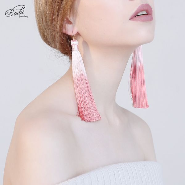 

badu long tassel earring for women gradient color bohemian jewelry summer holiday earrings fabric long drop dangle earring, Silver