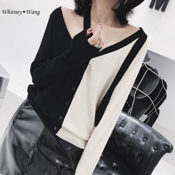 

whitney wang 2018 autumn winter fashion streetwear colors contrast hollow out cardigan women sweater jumper pull femme ww-1906, White;black