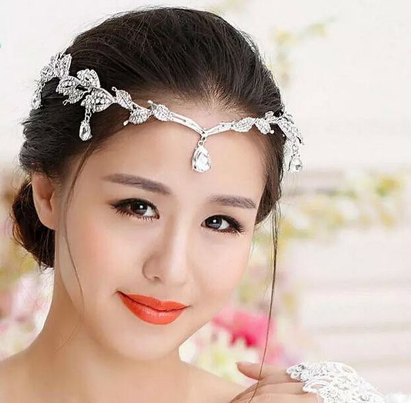 1 peça cristais de prata strass folhas cabeça cadeia jóias testa headpiece bride strass acessórios de cabelo de casamento