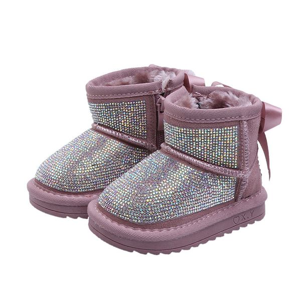 

new winter baby girl rhinestone snow boots children bow warm shoes toddler fur boots black fashion soft shoes, Black;grey