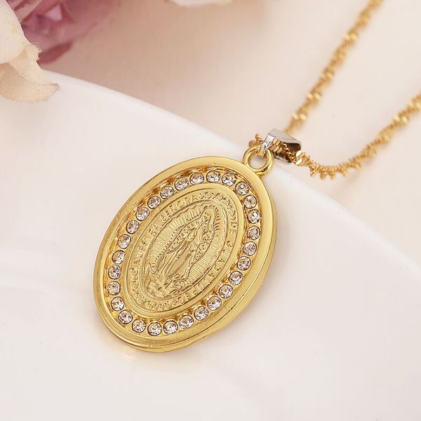 

mother virgin mary necklace pendant earrings set solid gold-plating catholic religious crystaljewelry set christmas gift, Silver