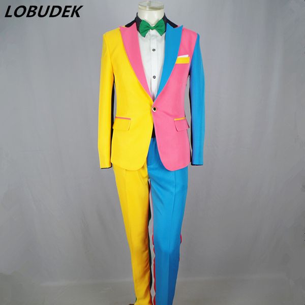 

irregular colorful men's suits magician clown performance stage outfits nightclub male singer host blazers pants suit ds costume, White;black