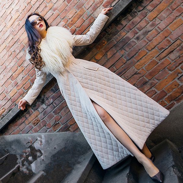 Nuovo design moda donna inverno caldo vero collo di pelliccia di pecora mongola naturale velluto imbottito in cotone maxi lungo parka cappotto vita sottile SMLXLXXL