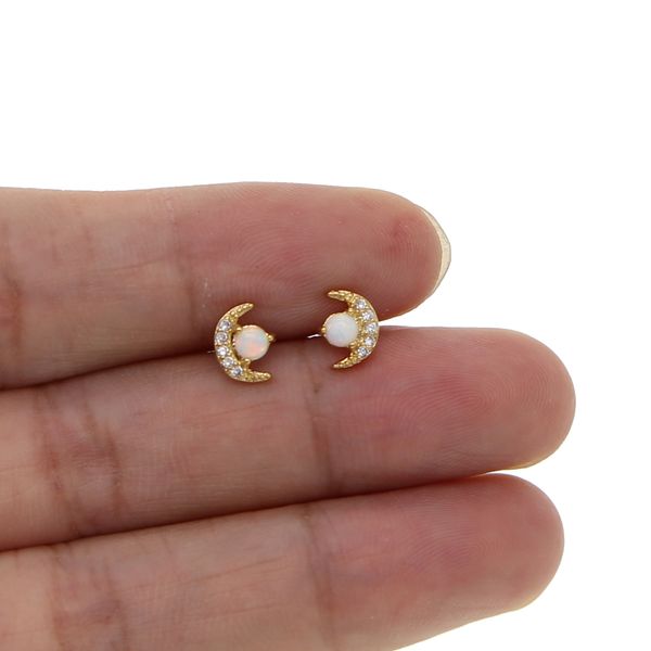 

moon stud earring for girl gift 2018 christmas gift jewelry minimal delicate cute tiny moon with cz opal stone paved lovely ear jewelry, Golden;silver