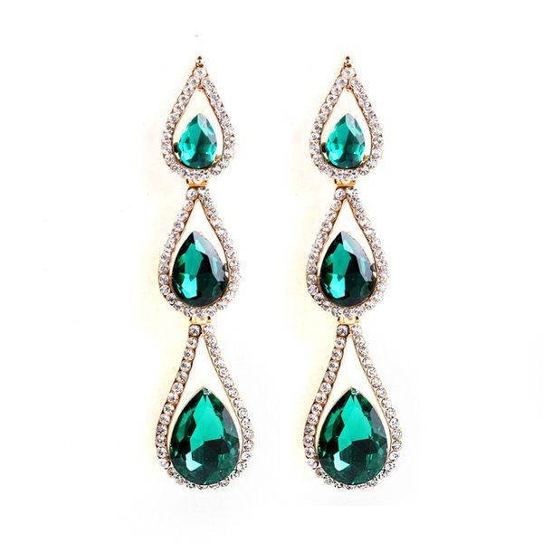 

water drop dark green crystal dangle earring for women diamond tassel chandelier earrings luxurious dress wedding jewelry 18k gold plated, Silver