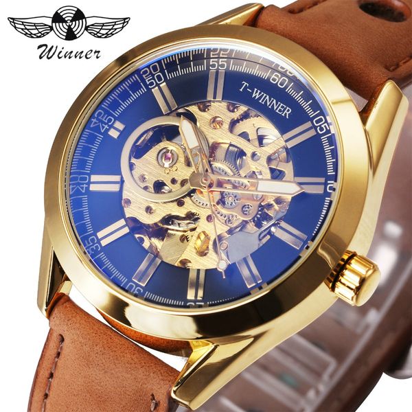 Vencedor Top Marca Luxo Homens Auto Mecânica Relógio Dourado Esqueleto Dial Brown Nubuck Strap Blue Mirror Relogio Masculino