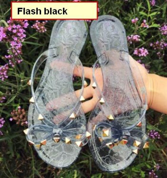 

woman summer sandals rivets sparkling sequins and bowknot flip flops sandals woman flat heel jelly designer sandals stylish beach, Black