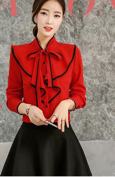 

flounce shirt 2018 new spring chiffon shirt frenulum female shirt, White