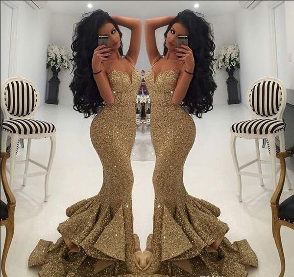 

2018 gold arabic sequins mermaid evening dresses split spaghettis straps mermaid gold evening gowns lace appliques open back prom gowns, Black;red