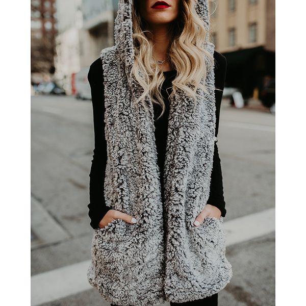

spring faux fleece waistcoat women open stitch sleeveless jacket coat with hooded winter warm vests jackets fashion outwear, Black;white