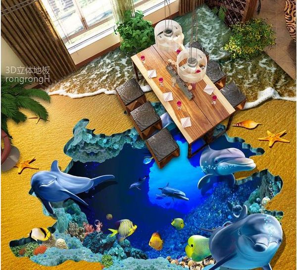 

pvc vinyl flooring bathroom beach sea world dolphin 3d three-dimensional painting 3d floor tile