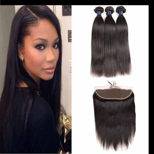 

7а перуанский бразильский плетение человеческих волос девы необработанные прямые 13x4 кружева закрытие с 3 пучками малайзии индийских волос, Black
