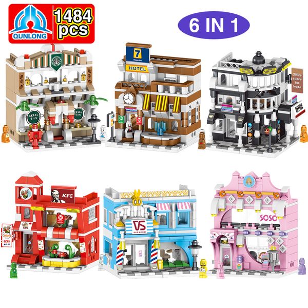 

sale 6 in 1 city street road sceen baby creative gift building blocks model toys resturant shop coffee break room gift toys