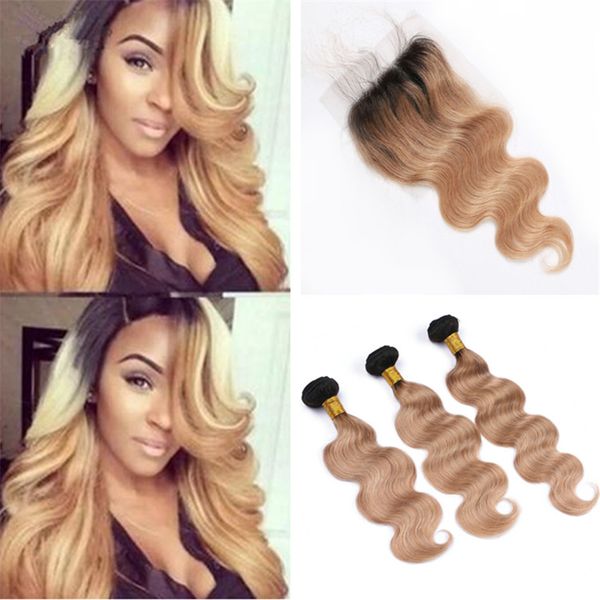

two tone 1b/27 honey blonde ombre hair bundles with lace closure strawberry blonde ombre body wave peruvian hair weaves with closure, Black